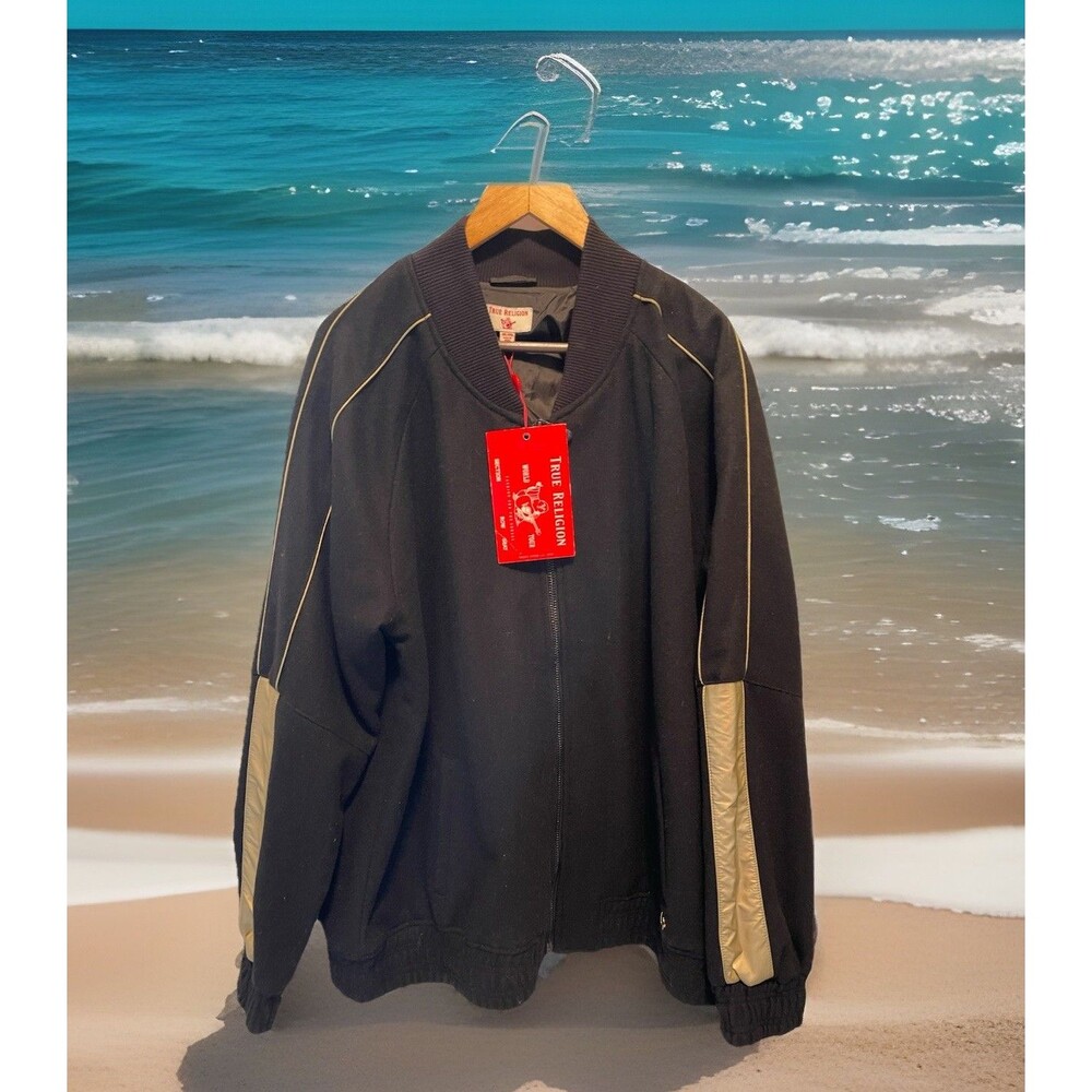 True Religion Varsity Jacket Coat Wool Blend 103121 Black Gold Men 3XL NWT